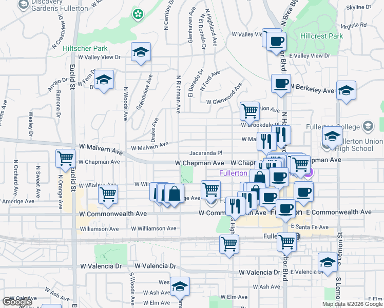 map of restaurants, bars, coffee shops, grocery stores, and more near 413 Jacaranda Place in Fullerton