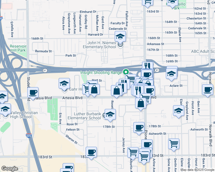 map of restaurants, bars, coffee shops, grocery stores, and more near 17211 Roseton Avenue in Artesia