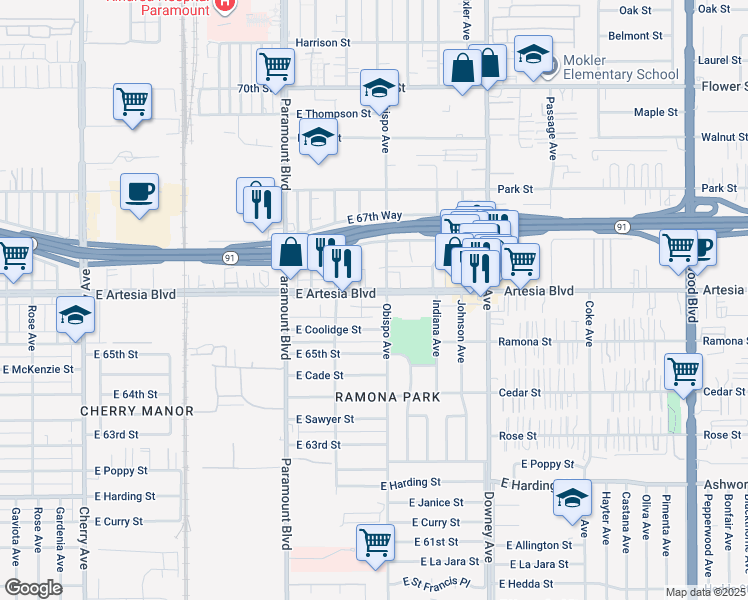map of restaurants, bars, coffee shops, grocery stores, and more near 3100 East Artesia Boulevard in Long Beach