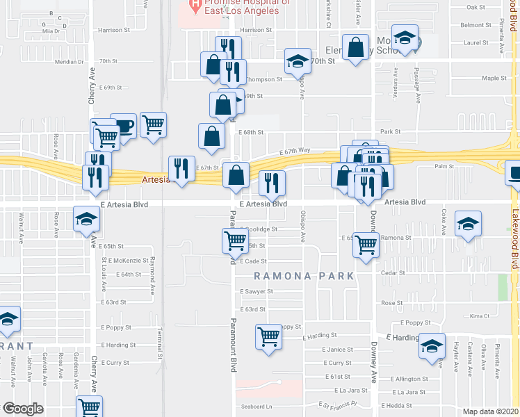 map of restaurants, bars, coffee shops, grocery stores, and more near 2932 East Artesia Boulevard in Long Beach