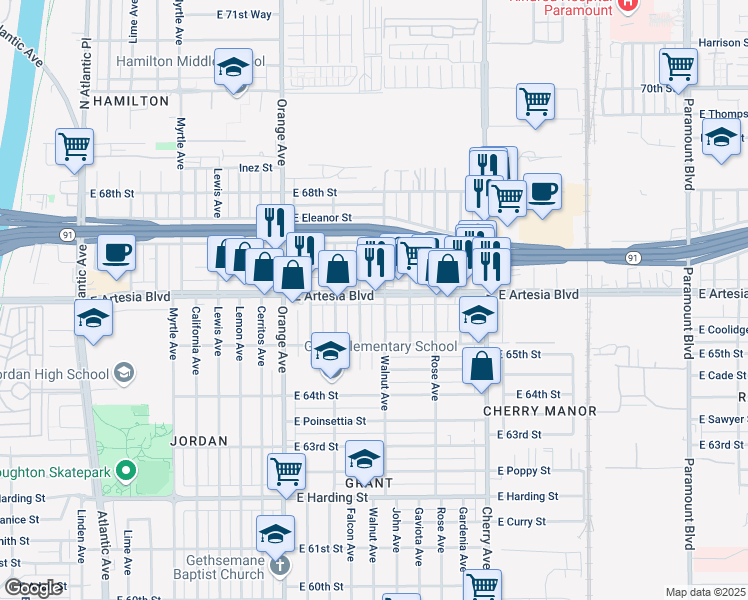 map of restaurants, bars, coffee shops, grocery stores, and more near 1540 East Artesia Boulevard in Long Beach