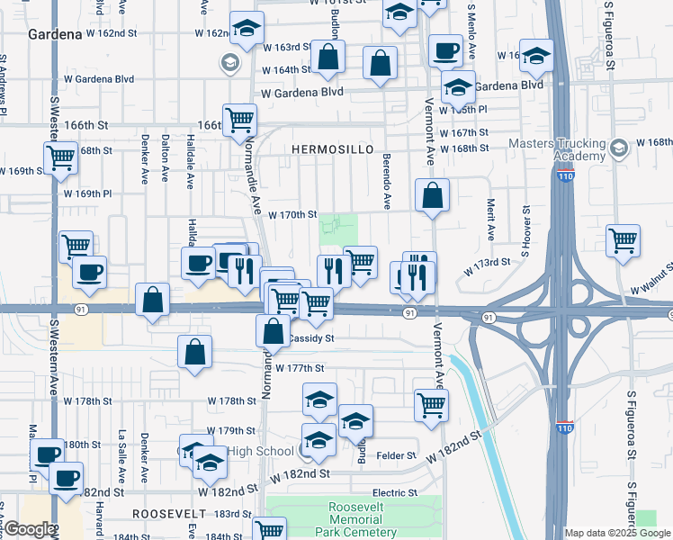 map of restaurants, bars, coffee shops, grocery stores, and more near 17100 South Park Lane in Gardena