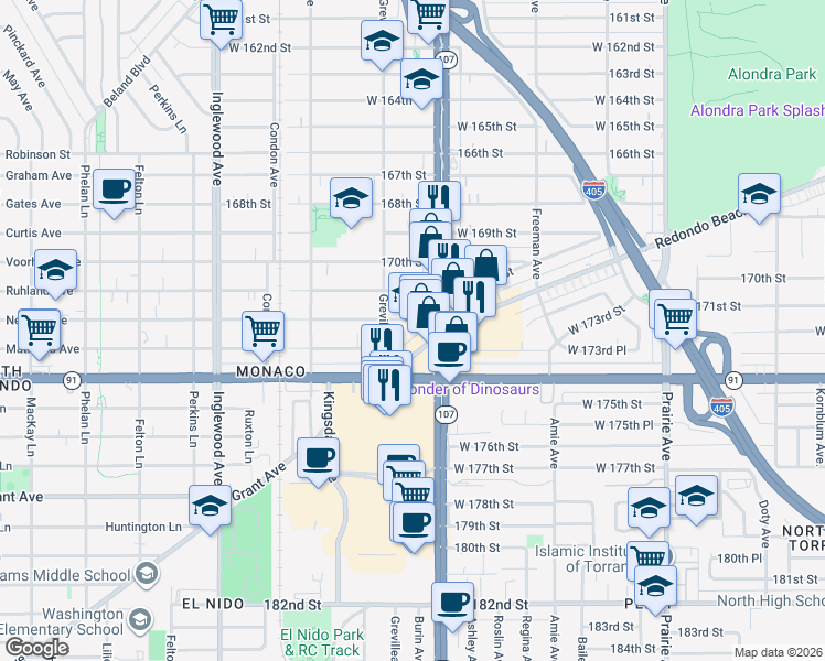 map of restaurants, bars, coffee shops, grocery stores, and more near 4415 Redondo Beach Boulevard in Lawndale