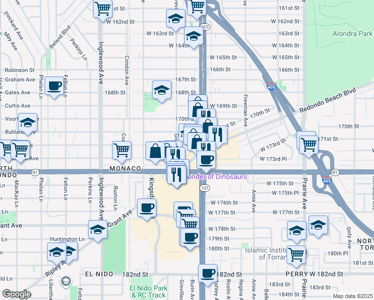 map of restaurants, bars, coffee shops, grocery stores, and more near 4450 West 172nd Street in Lawndale
