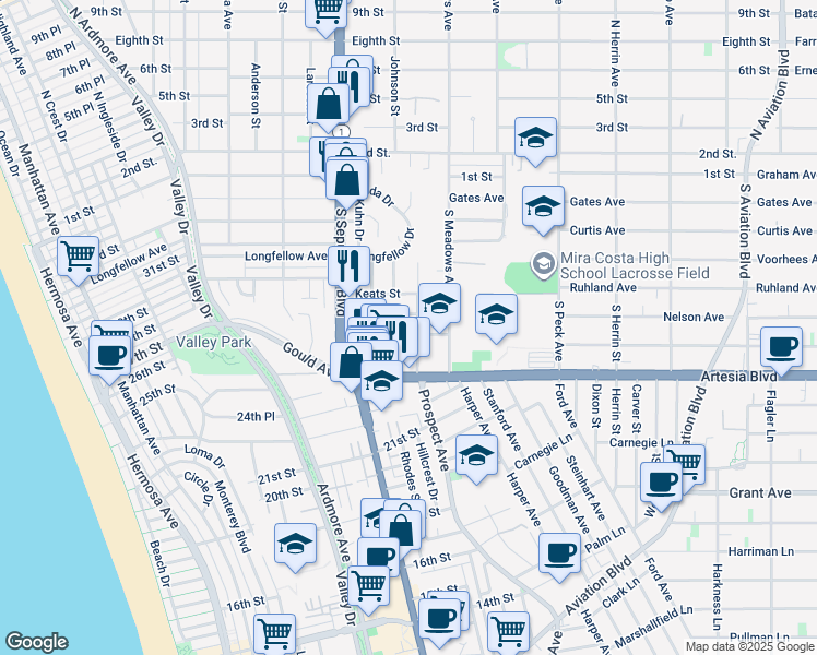 map of restaurants, bars, coffee shops, grocery stores, and more near 1201 Tennyson Street in Manhattan Beach