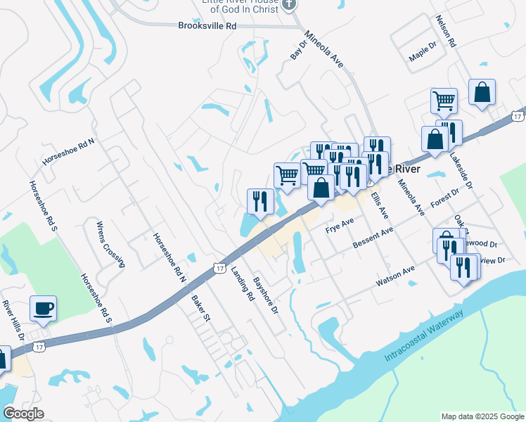 map of restaurants, bars, coffee shops, grocery stores, and more near 4104 Pinehurst Circle in Little River
