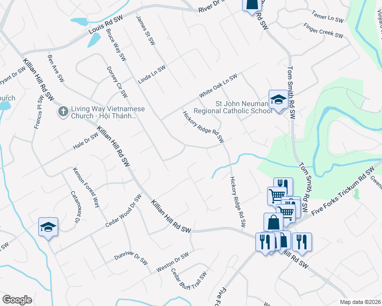 map of restaurants, bars, coffee shops, grocery stores, and more near 707 Bruce Way Southwest in Lilburn