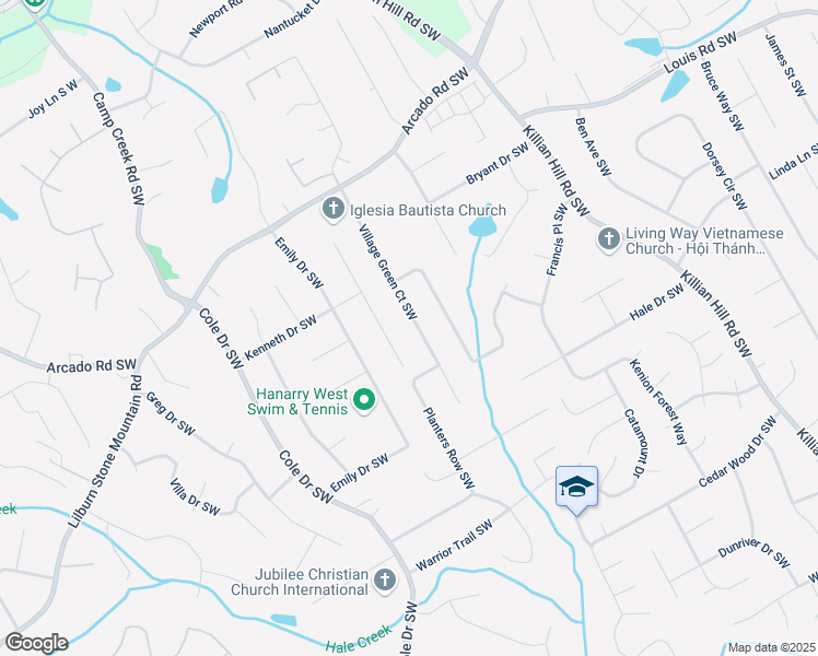 map of restaurants, bars, coffee shops, grocery stores, and more near 471 Village Green Court Southwest in Lilburn