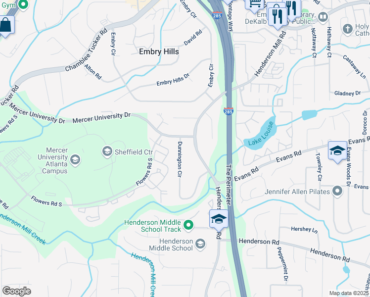 map of restaurants, bars, coffee shops, grocery stores, and more near 2947 Dunnington Circle in Atlanta
