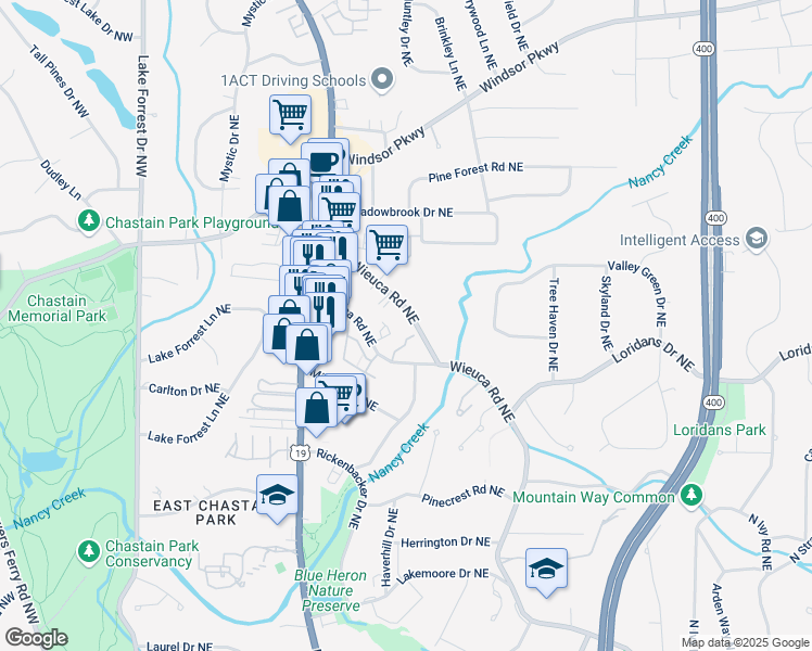 map of restaurants, bars, coffee shops, grocery stores, and more near 337 West Wieuca Road Northeast in Atlanta
