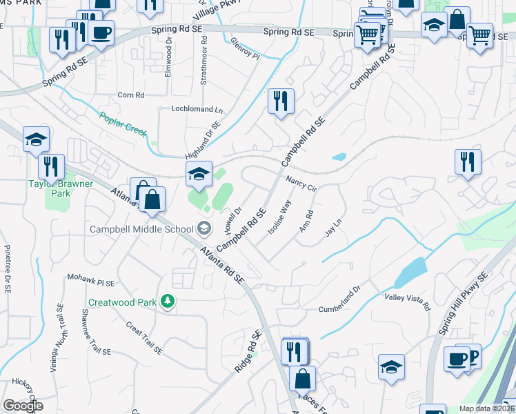 map of restaurants, bars, coffee shops, grocery stores, and more near 3330 Campbell Road Southeast in Smyrna