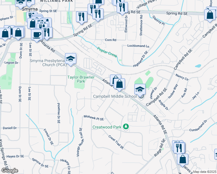 map of restaurants, bars, coffee shops, grocery stores, and more near 3295 Millwood Trail Southeast in Smyrna