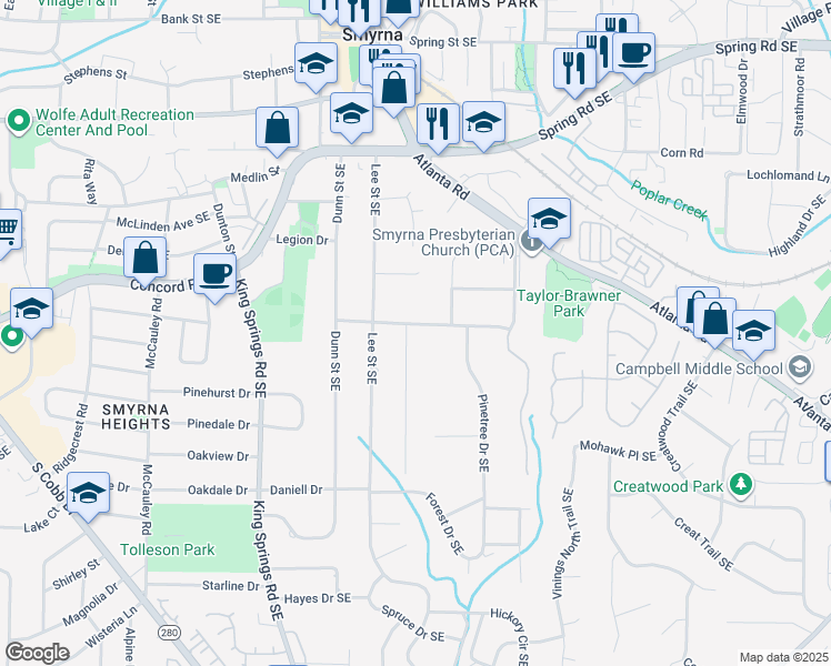 map of restaurants, bars, coffee shops, grocery stores, and more near 1392 Collier Drive Southeast in Smyrna