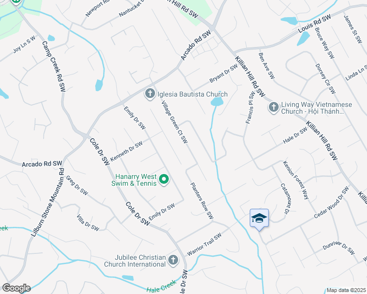 map of restaurants, bars, coffee shops, grocery stores, and more near 471 Village Green Court Southwest in Lilburn