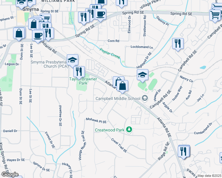 map of restaurants, bars, coffee shops, grocery stores, and more near 3295 Millwood Trail Southeast in Smyrna