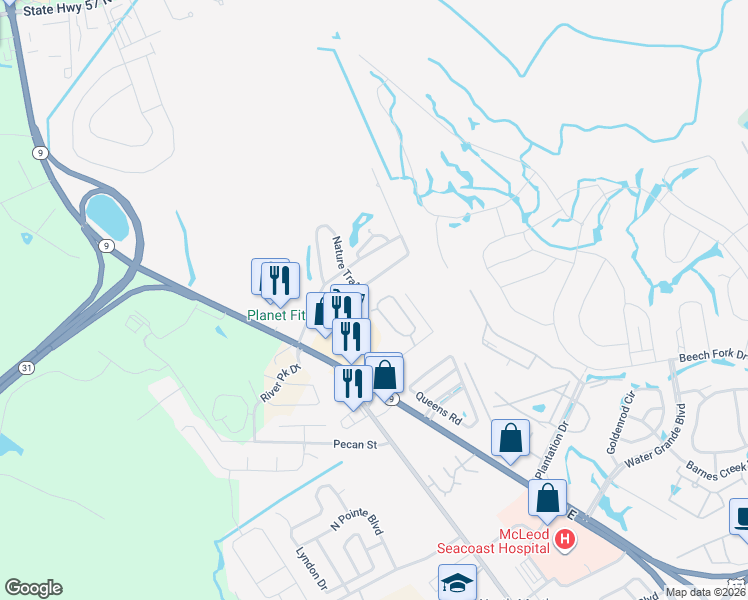 map of restaurants, bars, coffee shops, grocery stores, and more near 234 Captains Drive in Little River