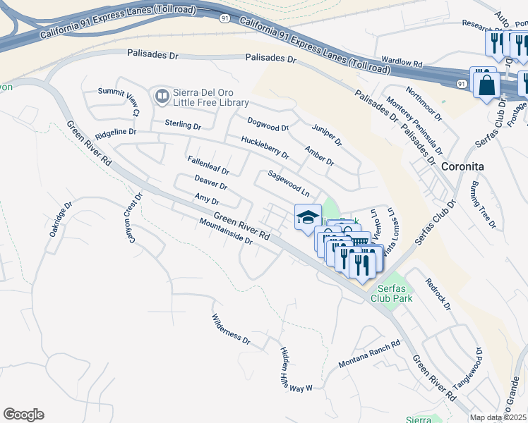 map of restaurants, bars, coffee shops, grocery stores, and more near 3190 Puesta Del Sol Court in Corona