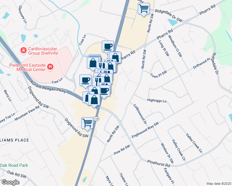 map of restaurants, bars, coffee shops, grocery stores, and more near 1908 Valley View Road Southwest in Snellville