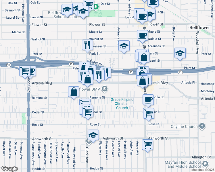 map of restaurants, bars, coffee shops, grocery stores, and more near 9530 Artesia Boulevard in Bellflower