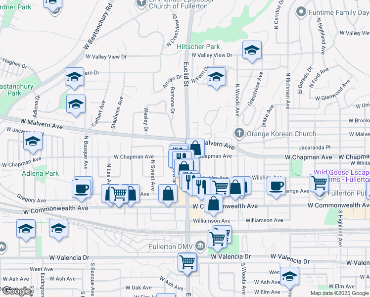 map of restaurants, bars, coffee shops, grocery stores, and more near 411 North Euclid Street in Fullerton