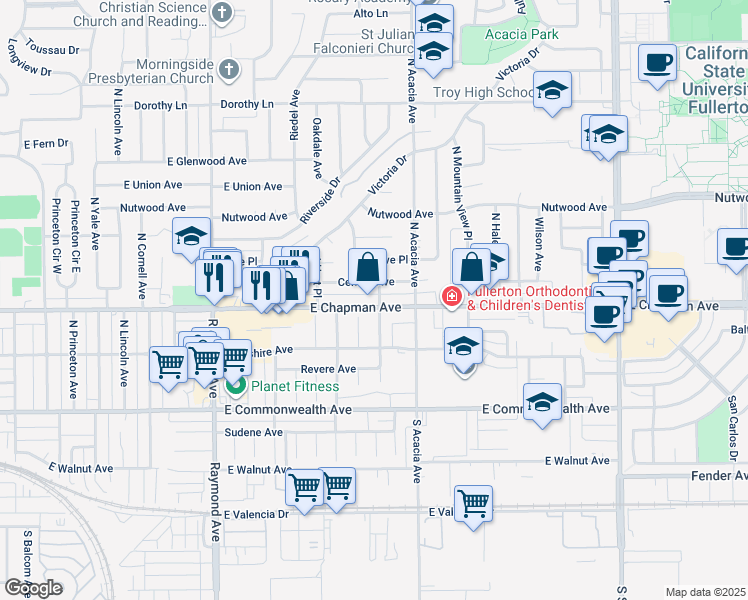 map of restaurants, bars, coffee shops, grocery stores, and more near 1525 East Chapman Avenue in Fullerton