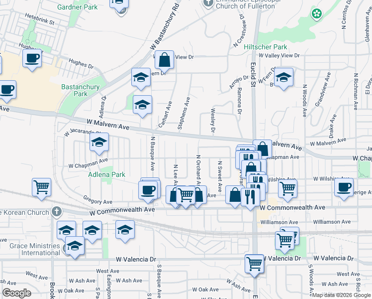 map of restaurants, bars, coffee shops, grocery stores, and more near 409 Michael Avenue in Fullerton