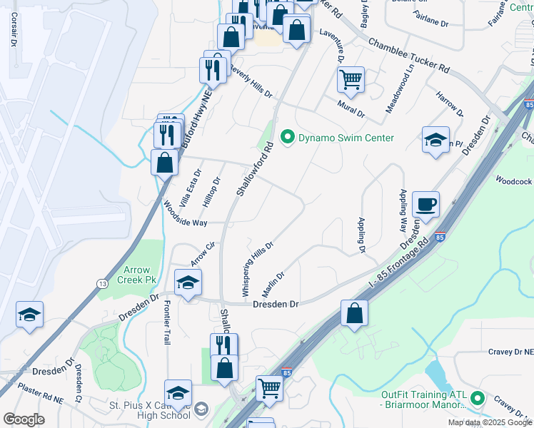 map of restaurants, bars, coffee shops, grocery stores, and more near 2473 Woodside Way in Chamblee