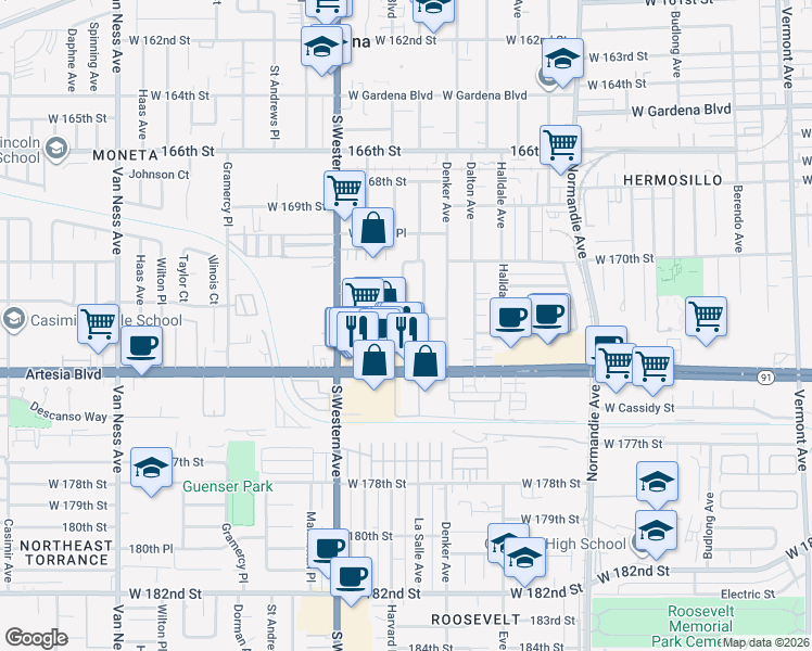 map of restaurants, bars, coffee shops, grocery stores, and more near 1957 Orchid Way in Gardena