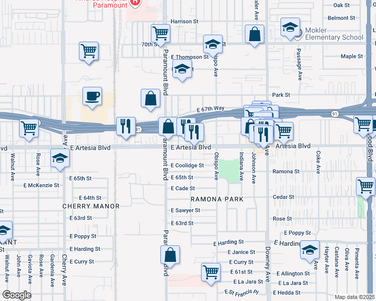 map of restaurants, bars, coffee shops, grocery stores, and more near 2932 East Artesia Boulevard in Long Beach