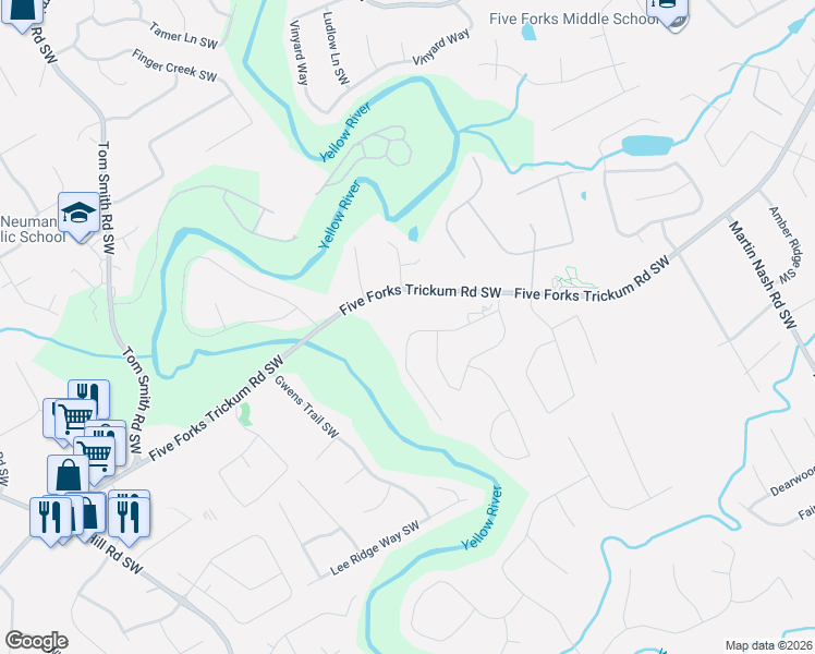 map of restaurants, bars, coffee shops, grocery stores, and more near 3691 Terrasol Trail Southwest in Lilburn