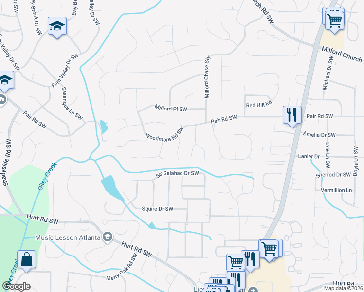 map of restaurants, bars, coffee shops, grocery stores, and more near 3337 Vineland Drive Southwest in Marietta