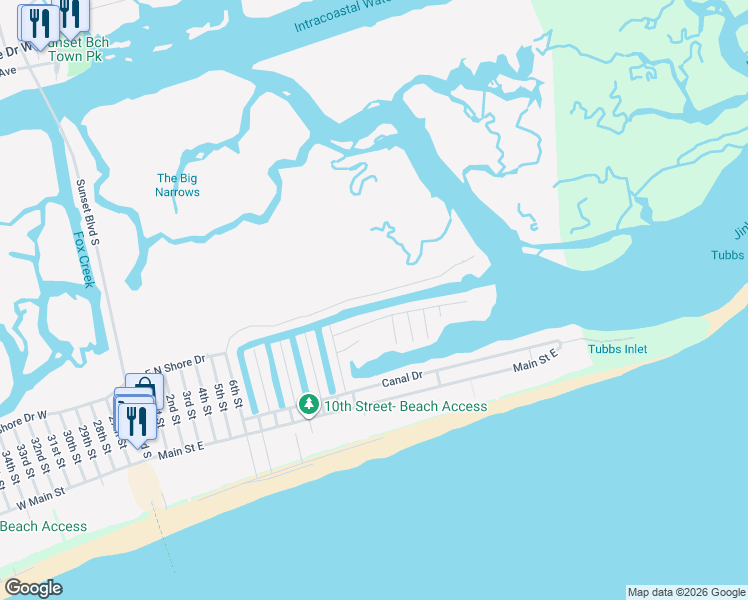 map of restaurants, bars, coffee shops, grocery stores, and more near 709 Riverside Drive in Sunset Beach