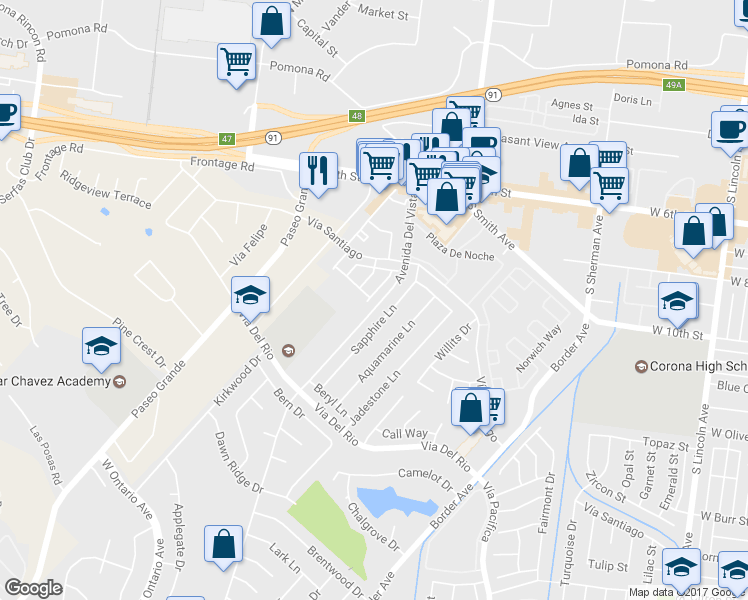 map of restaurants, bars, coffee shops, grocery stores, and more near 881 Live Oak Place in Corona