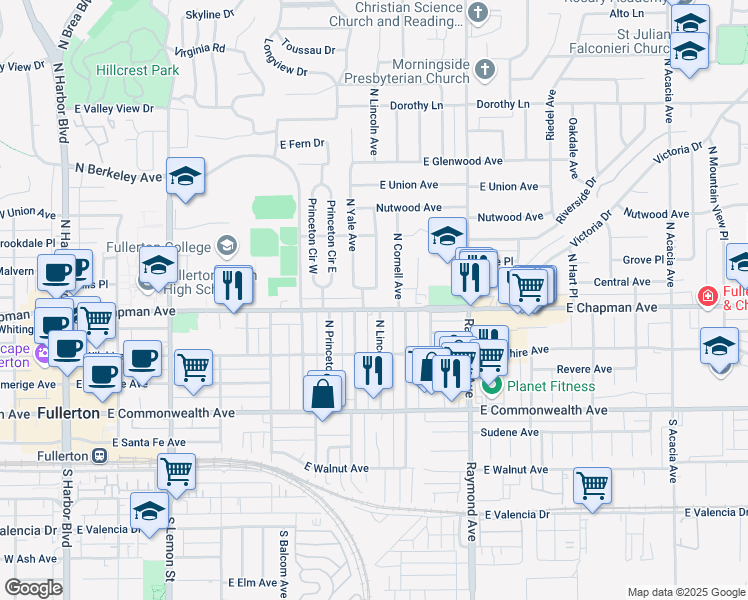 map of restaurants, bars, coffee shops, grocery stores, and more near 901 East Chapman Avenue in Fullerton