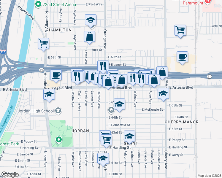map of restaurants, bars, coffee shops, grocery stores, and more near 1304 East Artesia Boulevard in Long Beach
