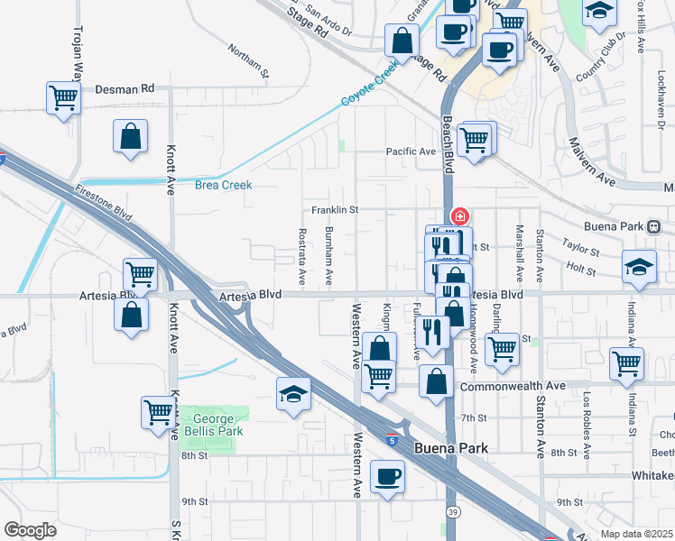 map of restaurants, bars, coffee shops, grocery stores, and more near 5916 Burnham Avenue in Buena Park