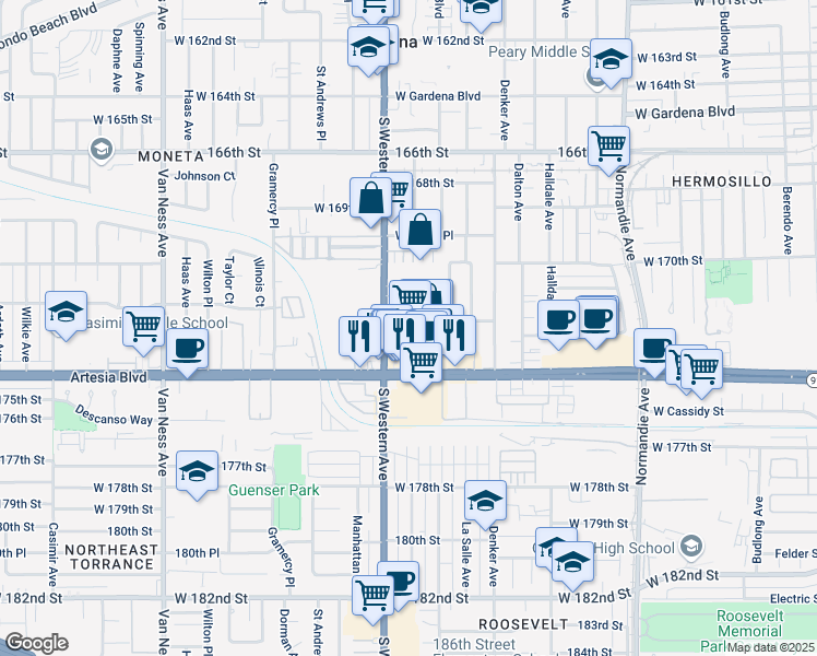 map of restaurants, bars, coffee shops, grocery stores, and more near 1713 Artesia Boulevard in Gardena
