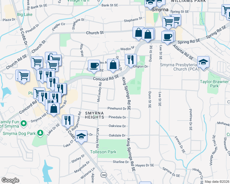 map of restaurants, bars, coffee shops, grocery stores, and more near 3241 Concord Circle Southeast in Smyrna