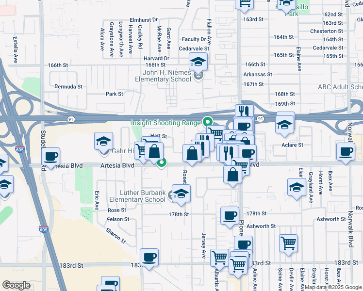 map of restaurants, bars, coffee shops, grocery stores, and more near 17211 Roseton Avenue in Artesia
