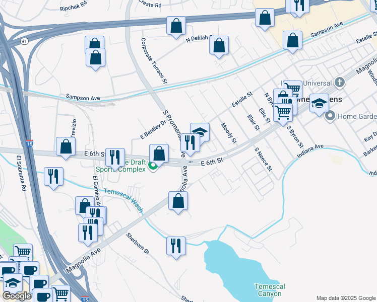 map of restaurants, bars, coffee shops, grocery stores, and more near Promenade Avenue in Corona