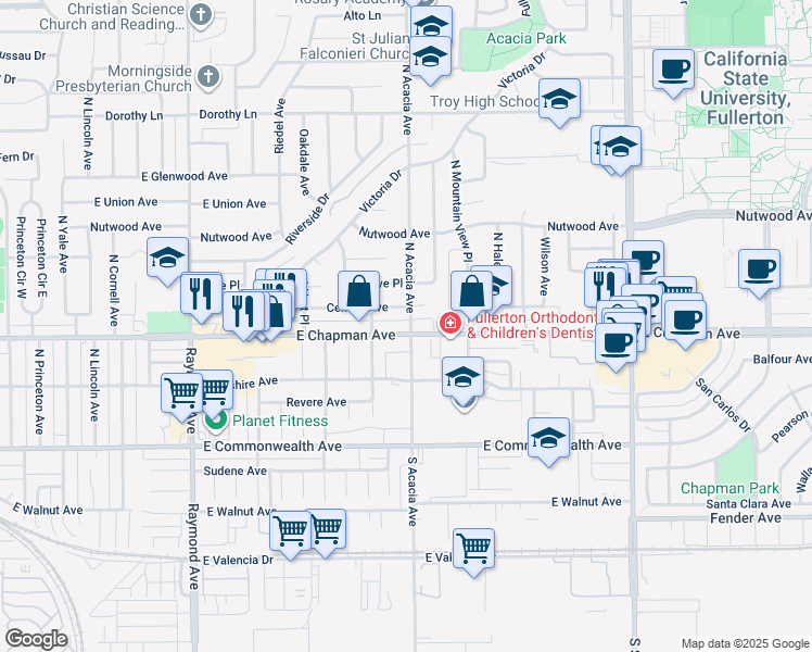 map of restaurants, bars, coffee shops, grocery stores, and more near 1-E East Chapman Avenue in Fullerton
