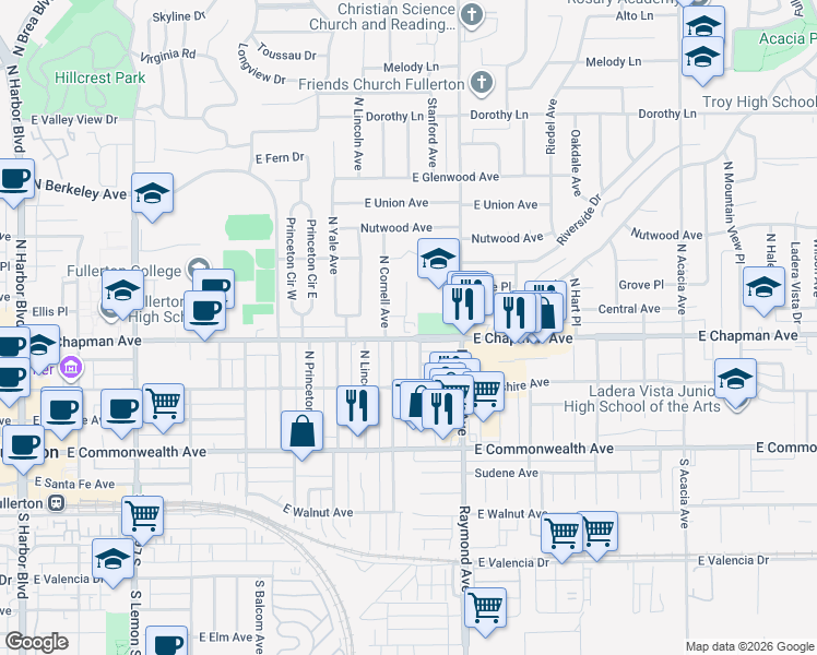 map of restaurants, bars, coffee shops, grocery stores, and more near 1015 East Chapman Avenue in Fullerton