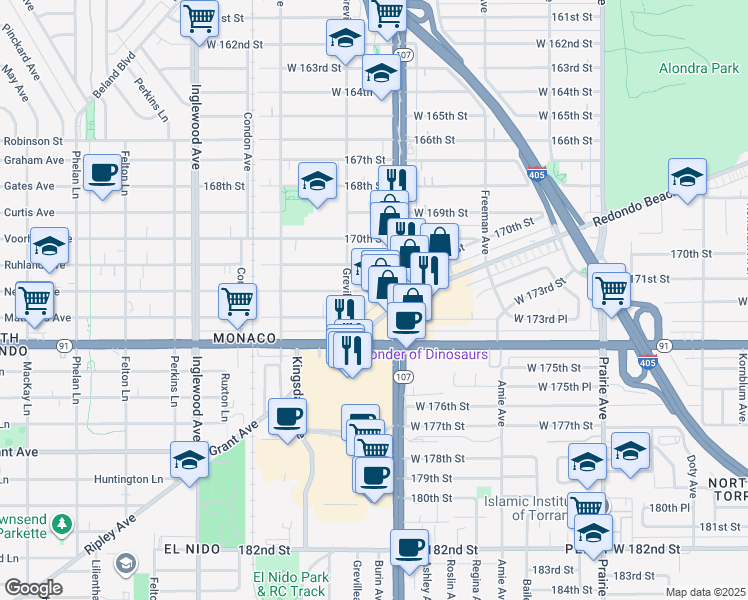 map of restaurants, bars, coffee shops, grocery stores, and more near 4546 West 173rd Street in Lawndale