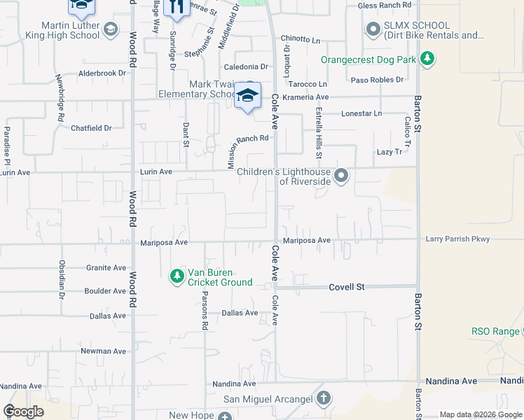 map of restaurants, bars, coffee shops, grocery stores, and more near 19399 Lurin Avenue in Riverside