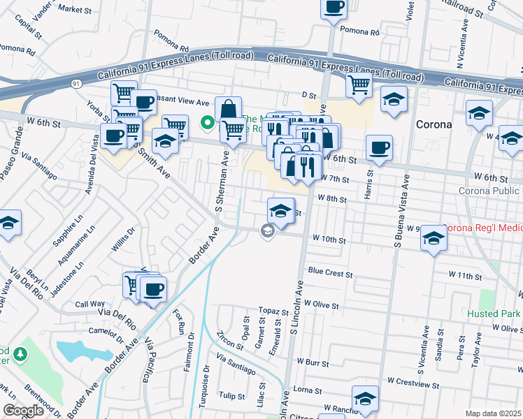 map of restaurants, bars, coffee shops, grocery stores, and more near 1261 Ryan Lane in Corona