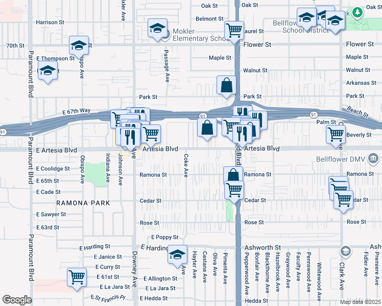 map of restaurants, bars, coffee shops, grocery stores, and more near 8724 Artesia Boulevard in Bellflower