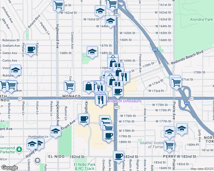 map of restaurants, bars, coffee shops, grocery stores, and more near 4450 West 172nd Street in Lawndale