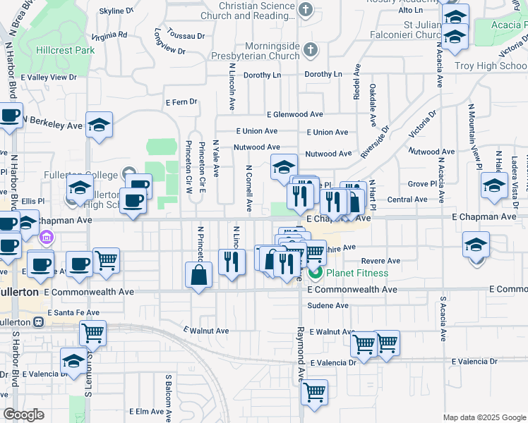 map of restaurants, bars, coffee shops, grocery stores, and more near 1015 E Chapman Ave in Fullerton