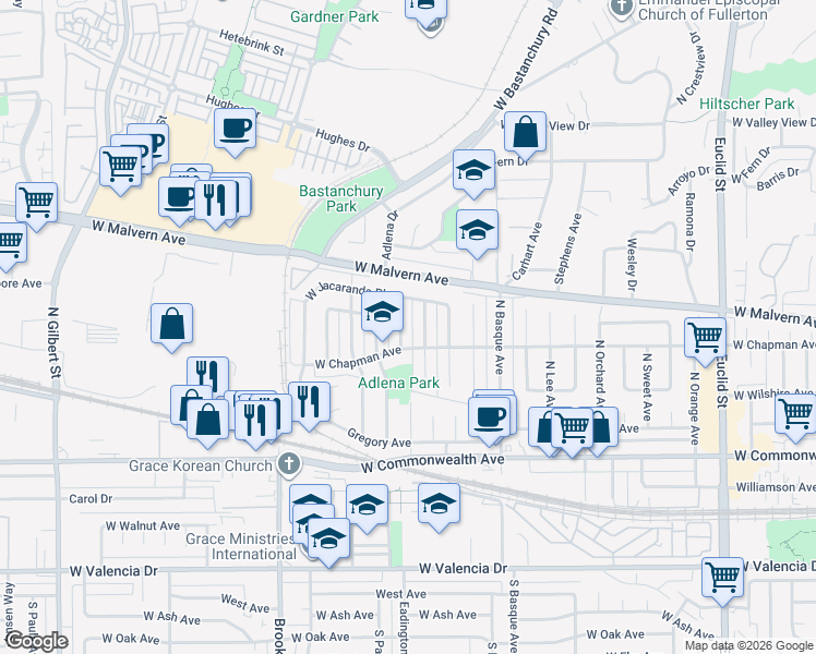 map of restaurants, bars, coffee shops, grocery stores, and more near 413 North Diana Place in Fullerton