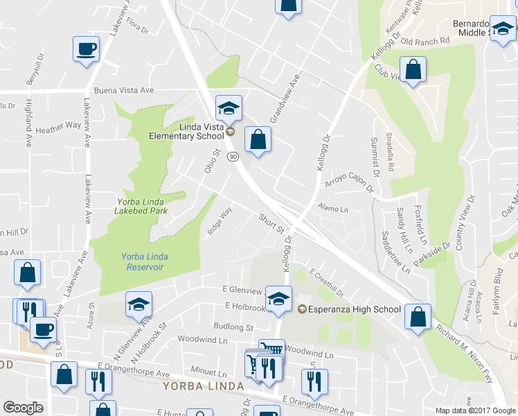 map of restaurants, bars, coffee shops, grocery stores, and more near 6012 Short Street in Yorba Linda